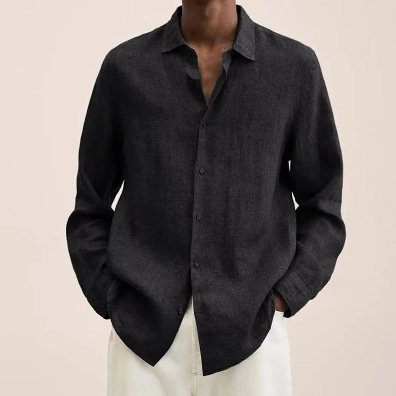 Ymosrh Long Sleeve T-Shirts for Men Spring Summer Men's Casual Cotton Linen Solid Color Shirts Loose Dress Tan