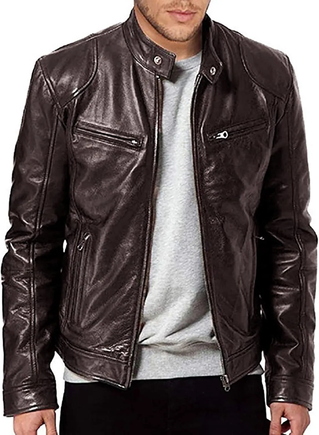 Ymosrh Men's Leather Jackets Stand Collar Jacket Motorcycle Pu Faux Jacket Winter Outwear Coat Jacket, S-4XL