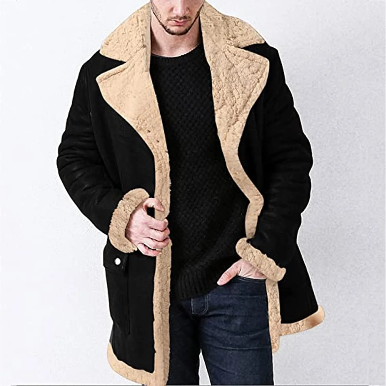 Ymosrh Men's Winter Trench Coat Sherpa Lined Pea Coat Business Casual Overcoat Long Jacket Coat, L-5XL