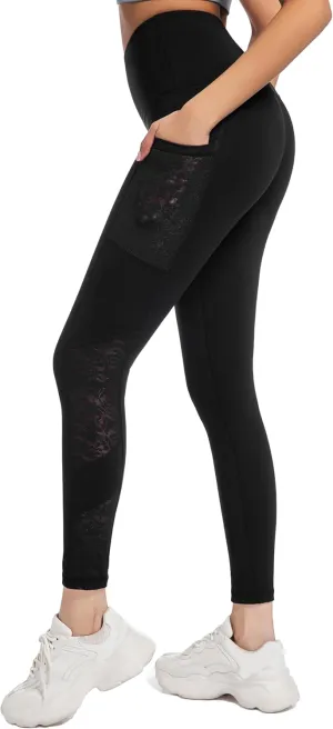 Yoga Pants Lace High Waist Leggings with Pockets, Sexy 4-Way Stretch Workout Sports Running Athletic Gifts for Women