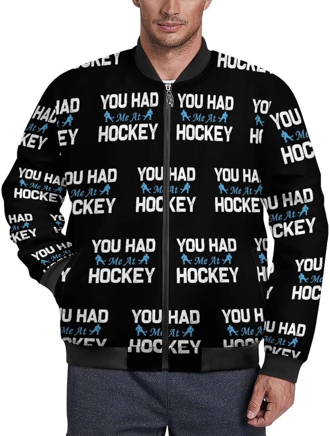 You Had Me at Hockey Men's Bomber Jacket Lightweight Windbreaker Fashion Spring Fall Coats Casual Jackets for Men