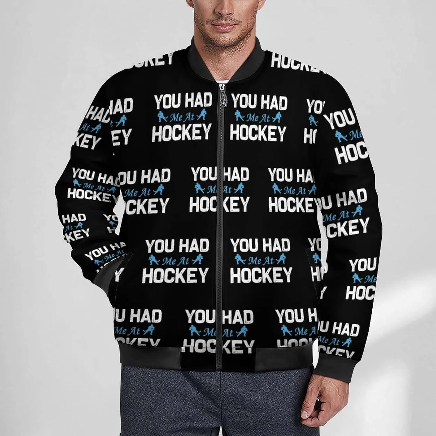You Had Me at Hockey Men's Bomber Jacket Lightweight Windbreaker Fashion Spring Fall Coats Casual Jackets for Men