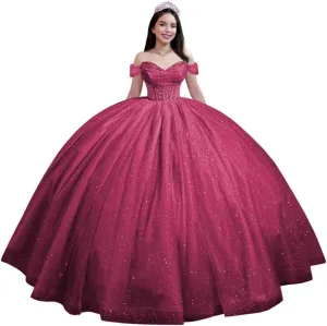 Youjiayi Glitter Tulle Quinceanera Dresses with Train Off Shoulder Beaded Sweet 16 Dresses Pleated Long Ball Gown for Women