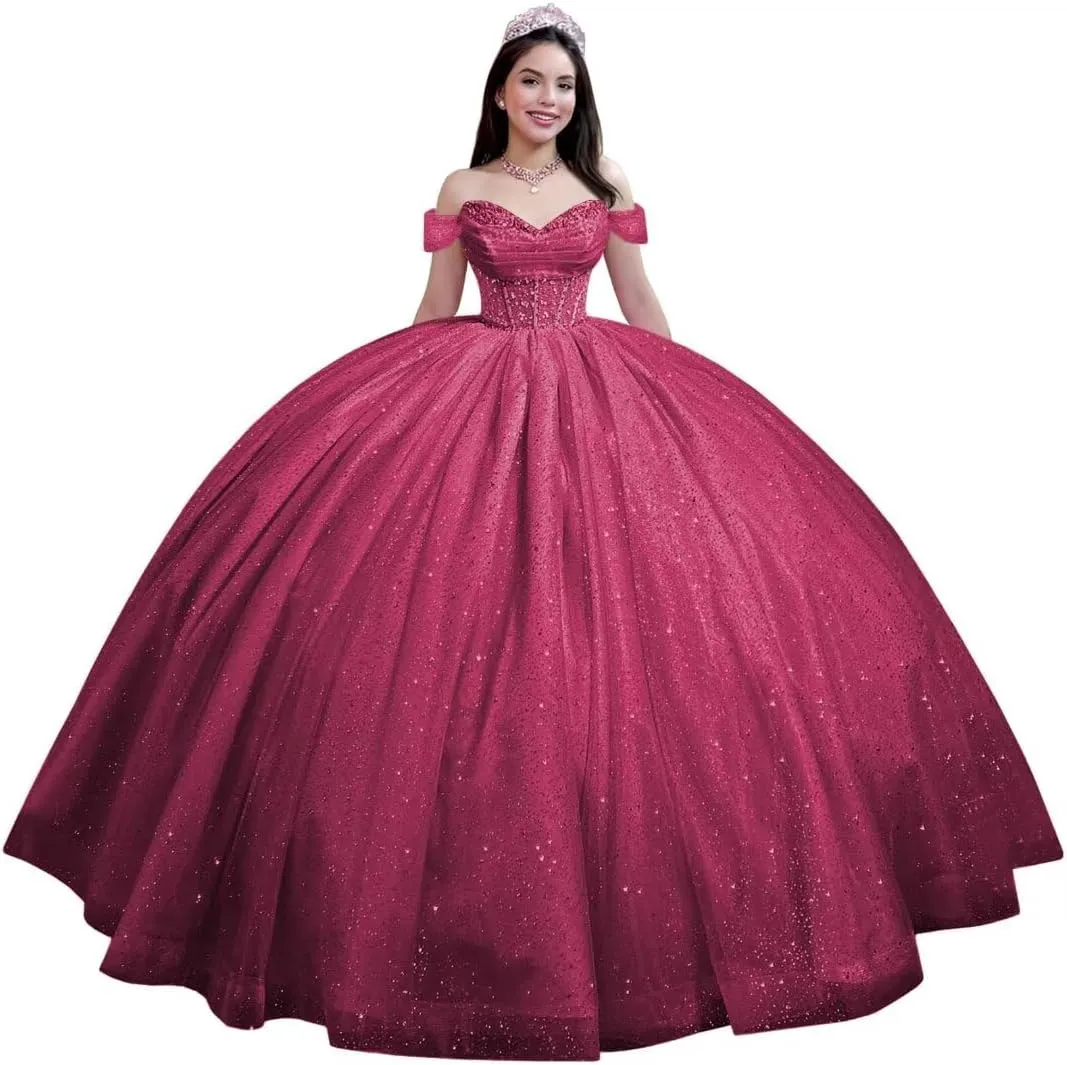 Youjiayi Glitter Tulle Quinceanera Dresses with Train Off Shoulder Beaded Sweet 16 Dresses Pleated Long Ball Gown for Women