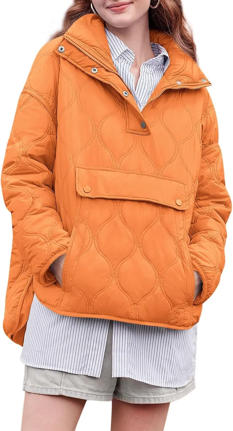 Yousify Womens Puffer Jackets Pullover Quilted Lightweight Jacket Long Sleeve Half Zip Up Coat with Pocket S-2XL