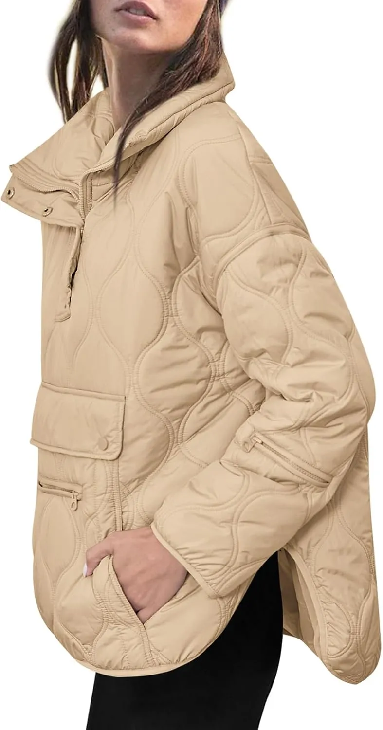 Yousify Womens Puffer Jackets Pullover Quilted Lightweight Jacket Long Sleeve Half Zip Up Coat with Pocket S-2XL