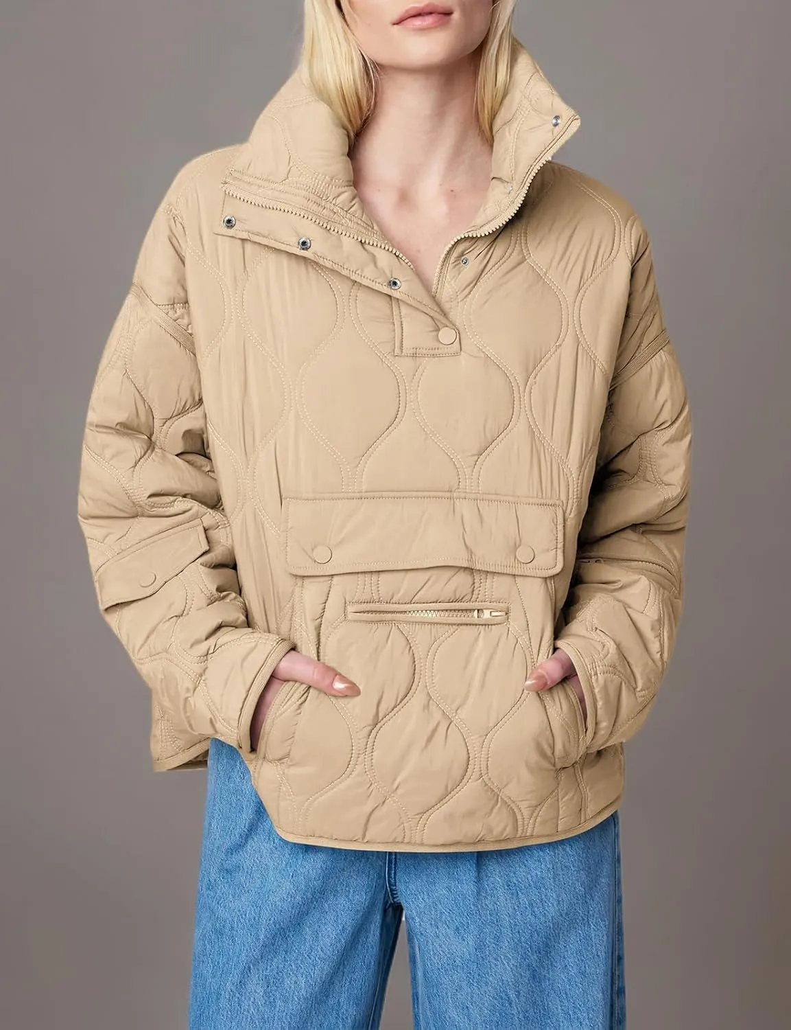 Yousify Womens Puffer Jackets Pullover Quilted Lightweight Jacket Long Sleeve Half Zip Up Coat with Pocket S-2XL