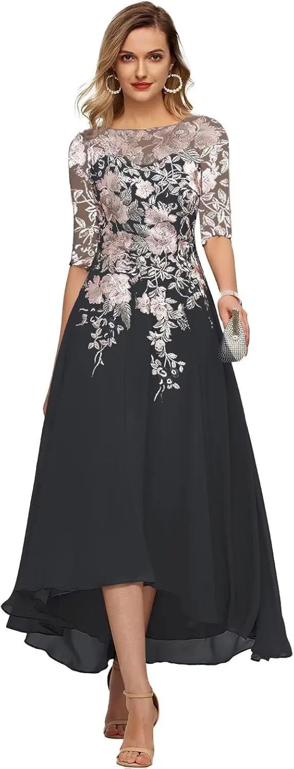 YUAOHUANG Chiffon Mother of The Bride Dresses for Wedding 2025 Lace Appliques 3/4 Sleeves Formal Evening Gown for Women