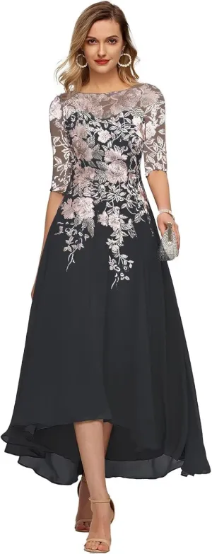 YUAOHUANG Chiffon Mother of The Bride Dresses for Wedding 2025 Lace Appliques 3/4 Sleeves Formal Evening Gown for Women