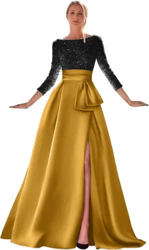 zcbang Long Sleeve Formal Dresses for Women 2024 Sparkly Sequin Satin Prom Dresses with Slit Aline Ball Gown