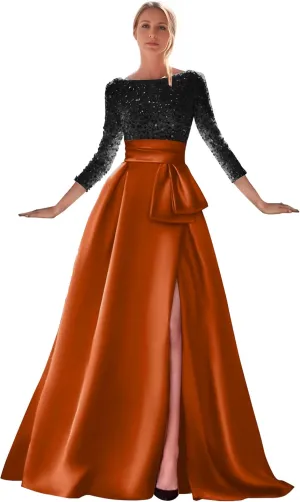 zcbang Long Sleeve Formal Dresses for Women 2024 Sparkly Sequin Satin Prom Dresses with Slit Aline Ball Gown