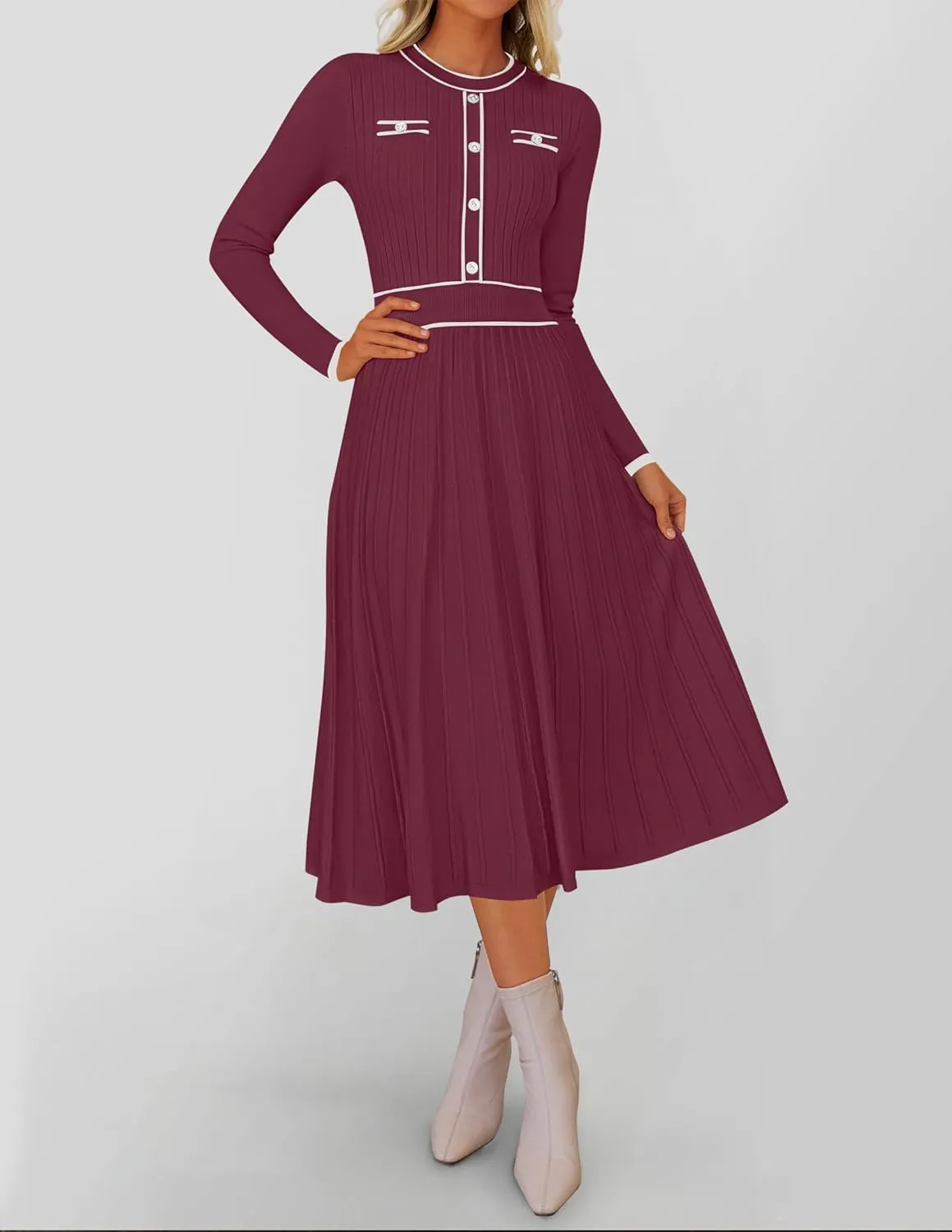 ZESICA Women's Spring Pleated Sweater Dress Long Sleeve Crewneck Ribbed Knitted Midi Dresses