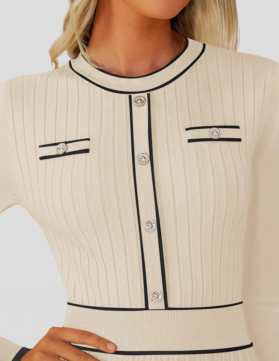 ZESICA Women's Spring Pleated Sweater Dress Long Sleeve Crewneck Ribbed Knitted Midi Dresses