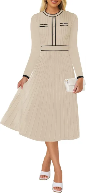 ZESICA Women's Spring Pleated Sweater Dress Long Sleeve Crewneck Ribbed Knitted Midi Dresses