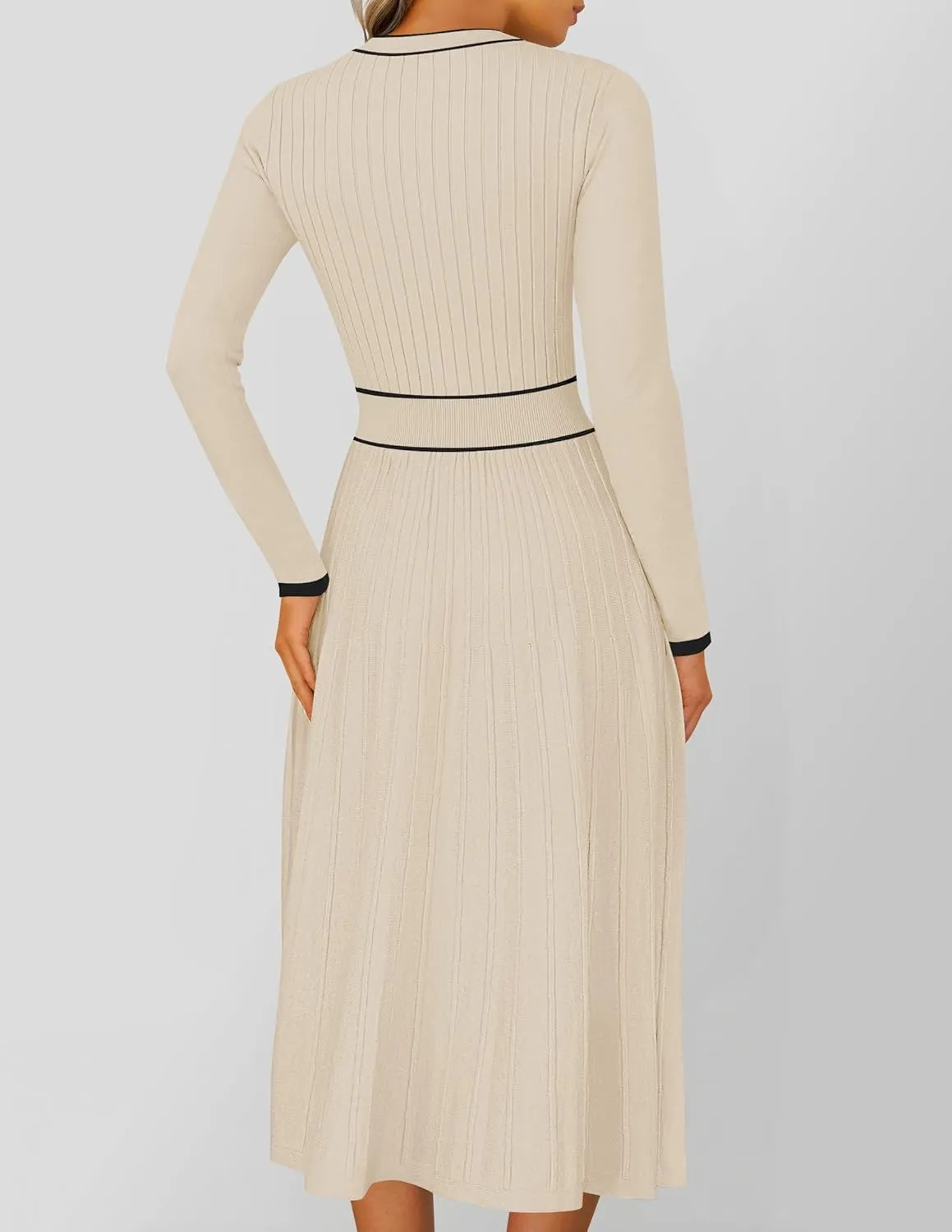 ZESICA Women's Spring Pleated Sweater Dress Long Sleeve Crewneck Ribbed Knitted Midi Dresses