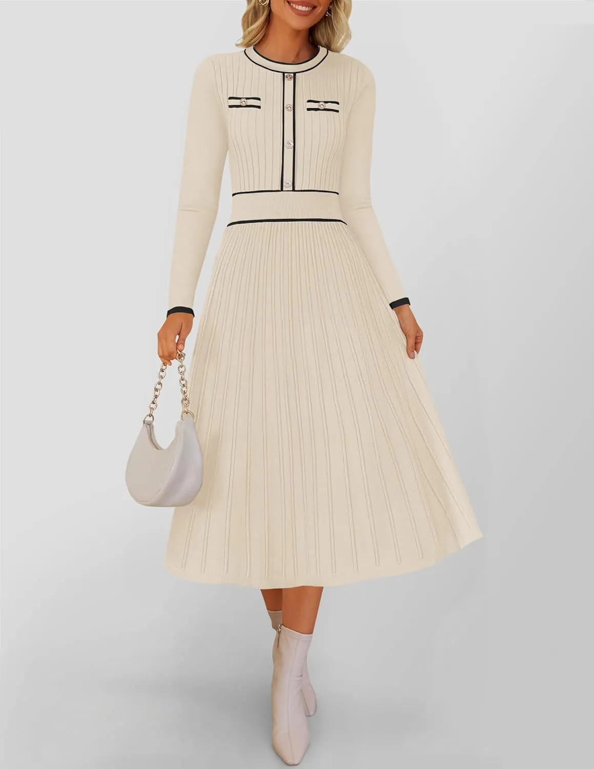ZESICA Women's Spring Pleated Sweater Dress Long Sleeve Crewneck Ribbed Knitted Midi Dresses