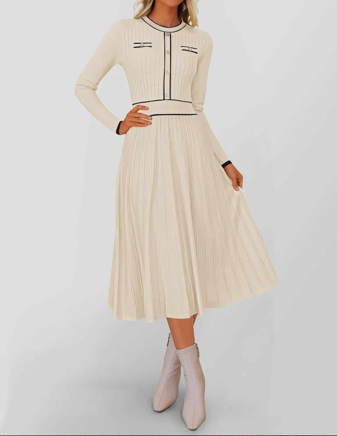 ZESICA Women's Spring Pleated Sweater Dress Long Sleeve Crewneck Ribbed Knitted Midi Dresses