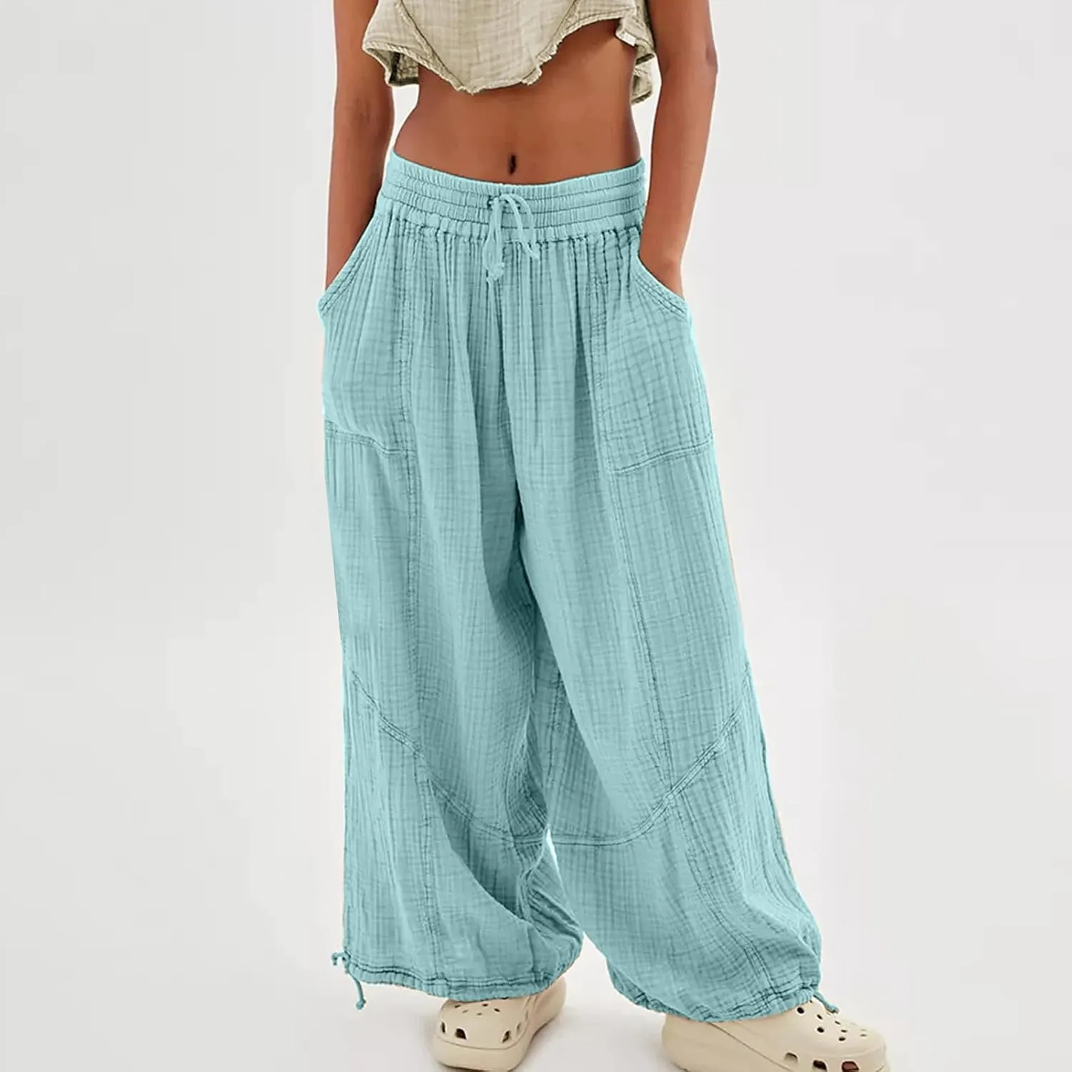ZOCANIA Boho Pants for Womens Cotton Linen Ruffle Wide Leg Palazzo Pants Casual Lounge Trousers Summer Beach Baggy Joggers